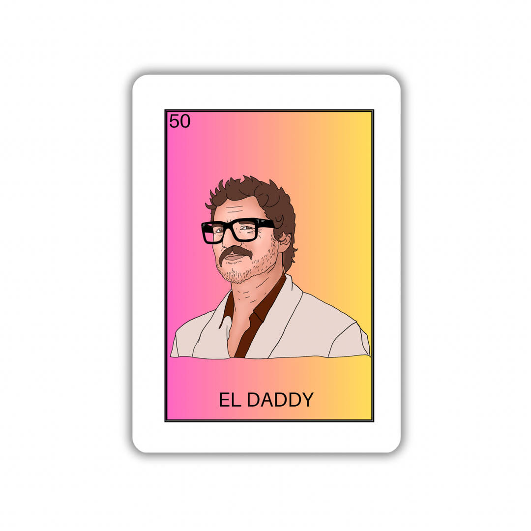 Drawing of Pedro Pascal wearing large black glasses, a brown shirt and white sportscoat, on yellow and pink ombre background. The number 50 is in the upper left and "el Daddy" below.