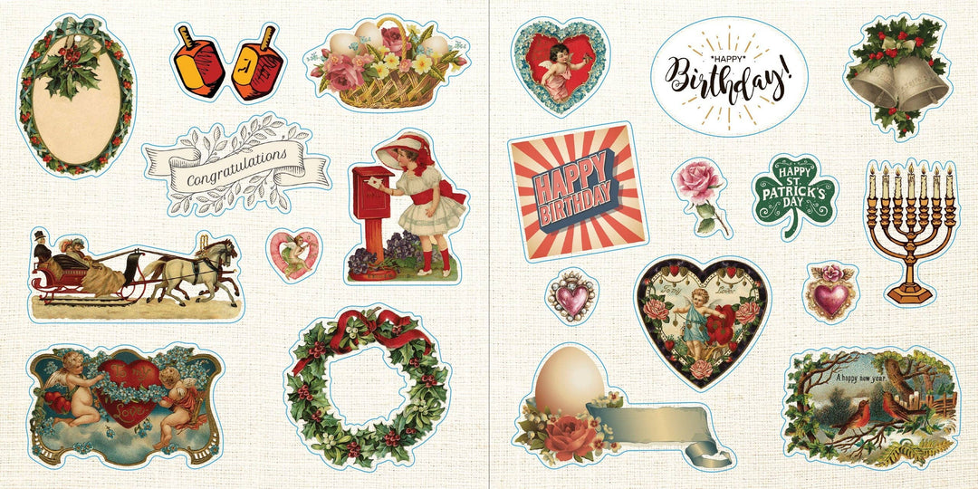 Sample page from sticker book with images for various celebrations.