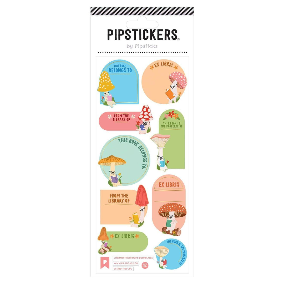 Nine differently shaped bookplates, in different colors, each with a mushroom reading a book.