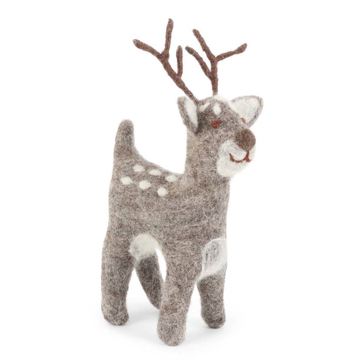 Felt grey large reindeer with with white spots and antlers.