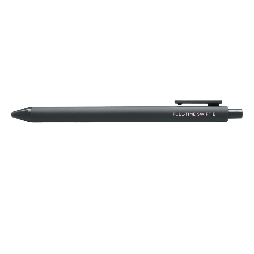 Dark gray gel pen with clip and clicker and text in white.