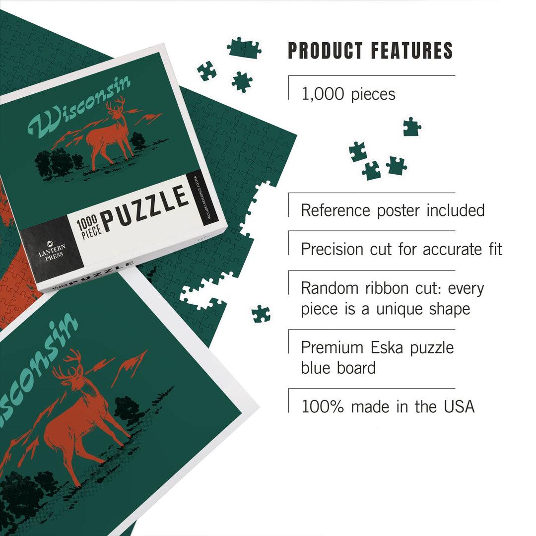 Images of the finished puzzle with text listing product features on a white background.