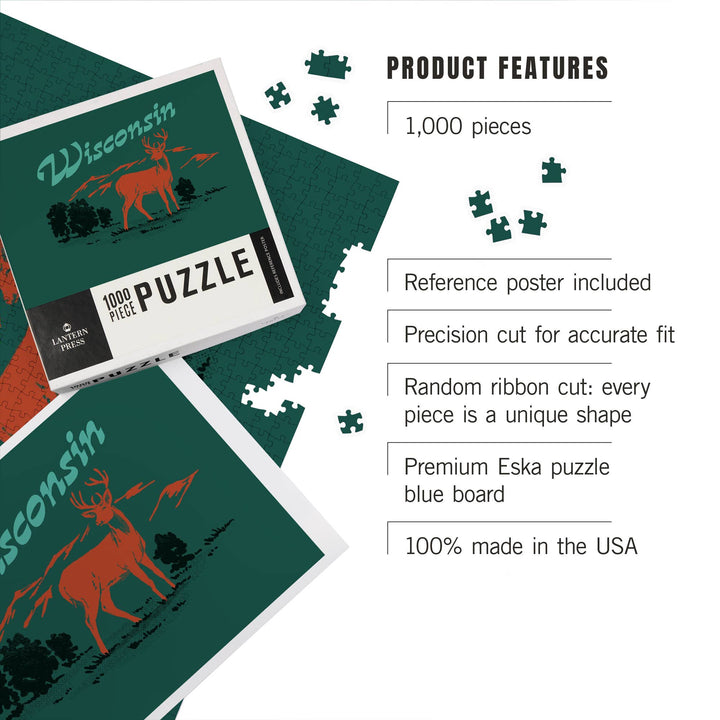 Images of the finished puzzle with text listing product features on a white background.