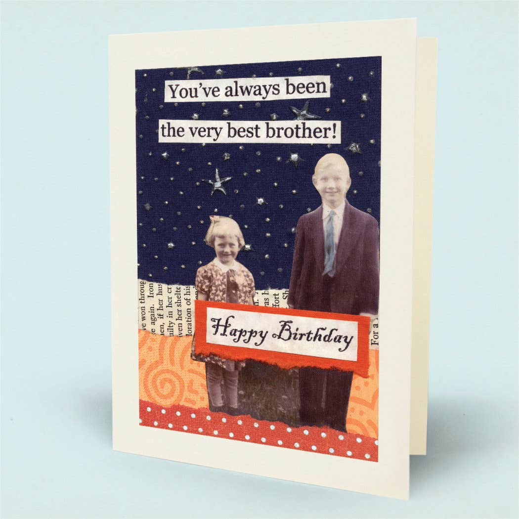 A folded greeting card standing upright. The card features a collage-style birthday design with a dark blue starry sky, two children in vintage clothing, orange patterned paper, and text reading 'You've always been the very best brother!' and 'Happy Birthday'.