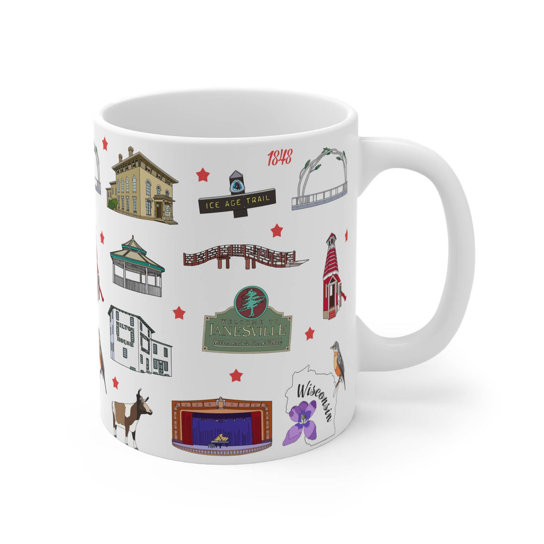White ceramic mug with images of Janesville landmarks separated with a red star.