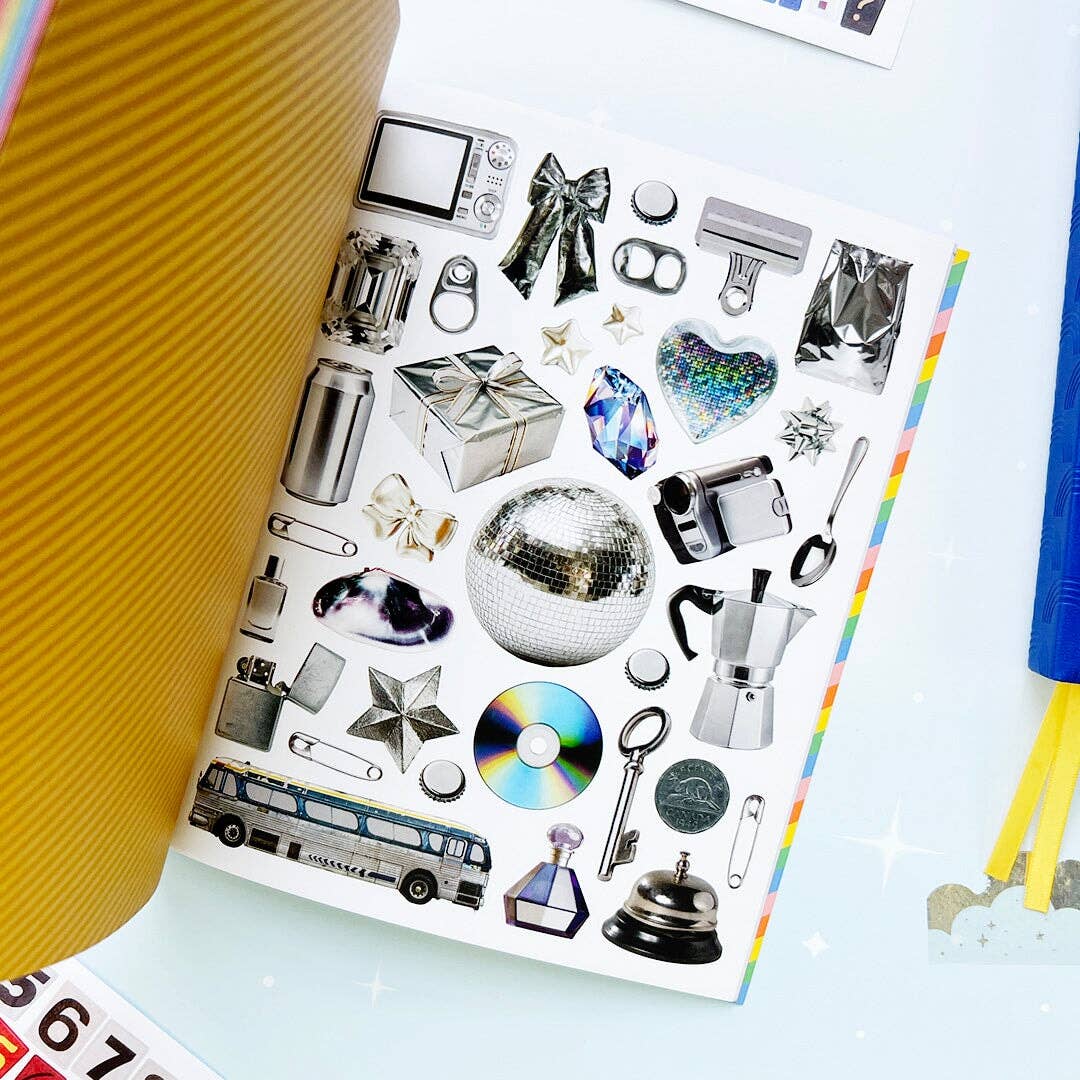 Page of various objects in silver, including a coffee pot, a package, and a disco ball.
