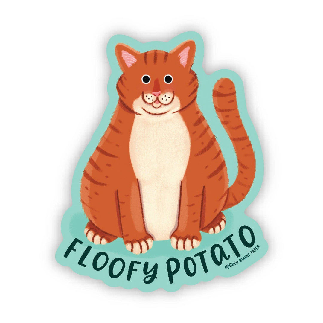 A chubby orange and white cartoon cat sticker above the text 'Floofy Potato.'