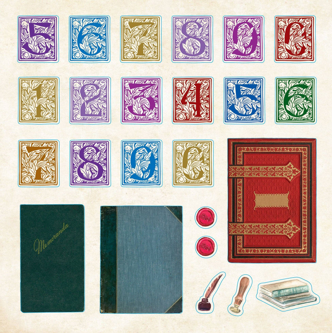Sample page from sticker book of vintage images of numerals and journals.