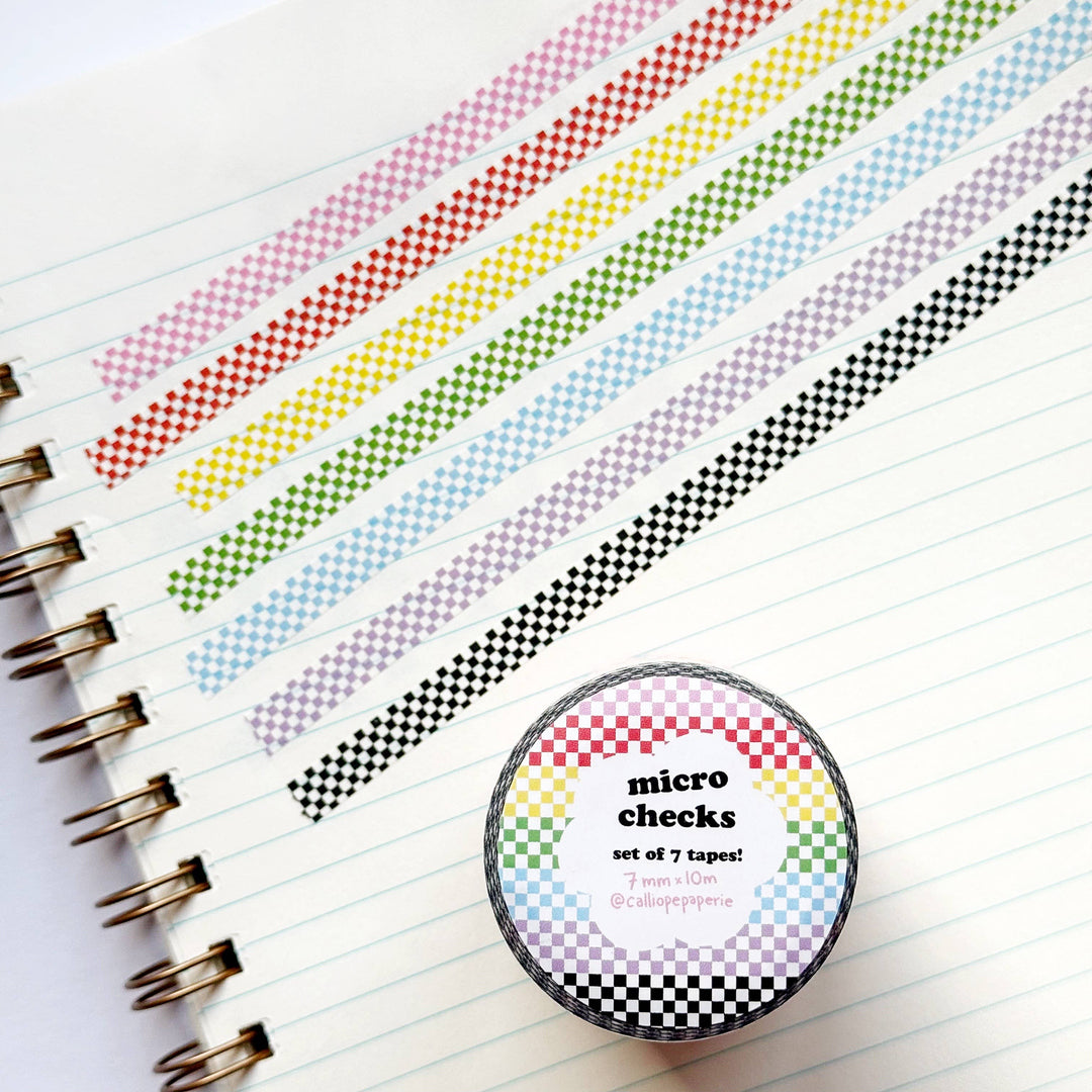 Set of colorful micro check washi tapes on a notebook page with a container labeled 'micro checks'.