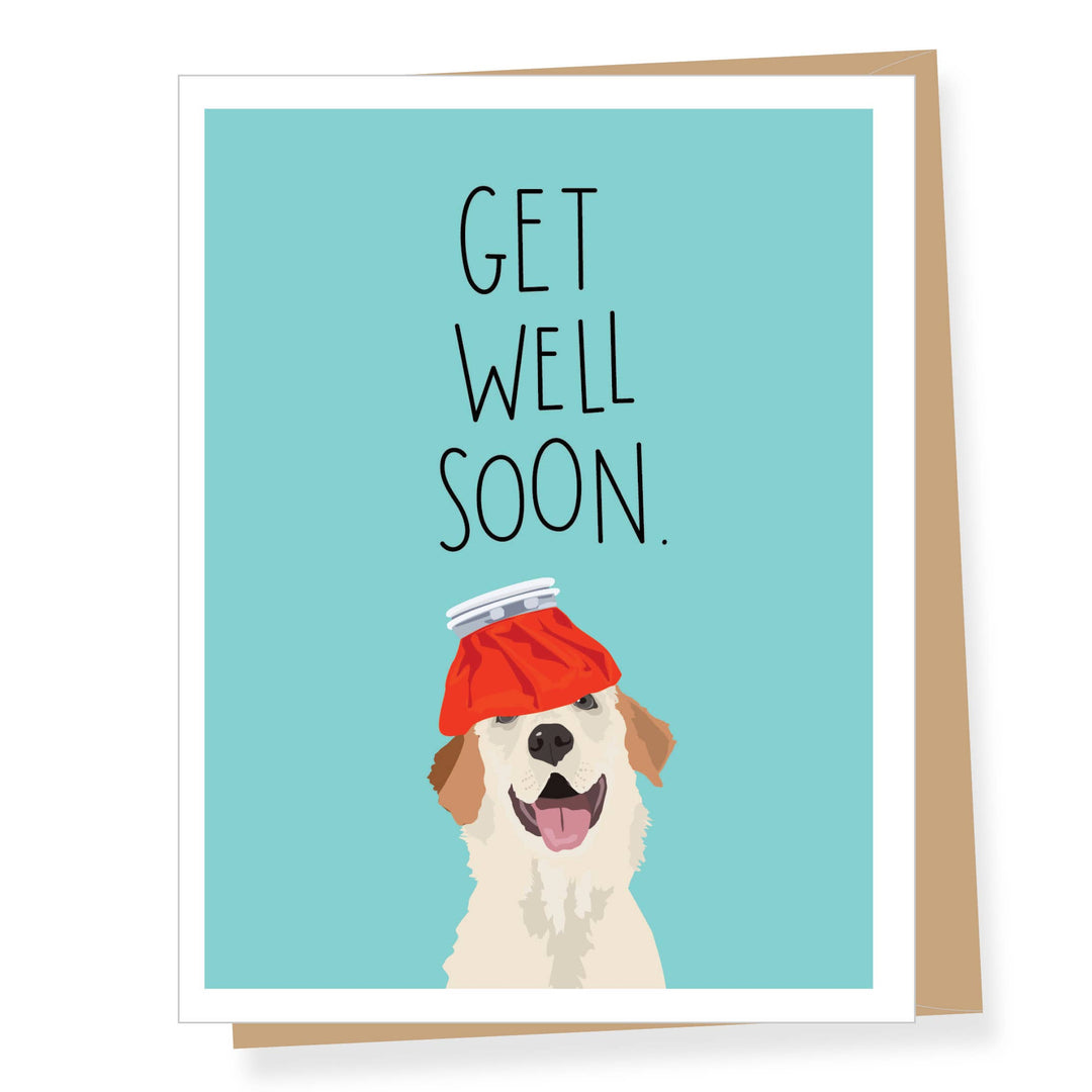 Dog with a a red ice pack on its head and 'Get Well Soon' text on a teal background