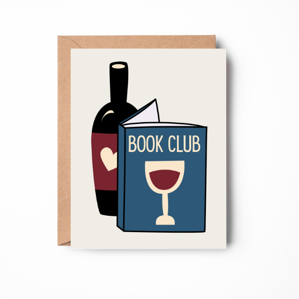 Front of card with an open book titled 'Book Club' next to a bottle of wine with a heart on its label.