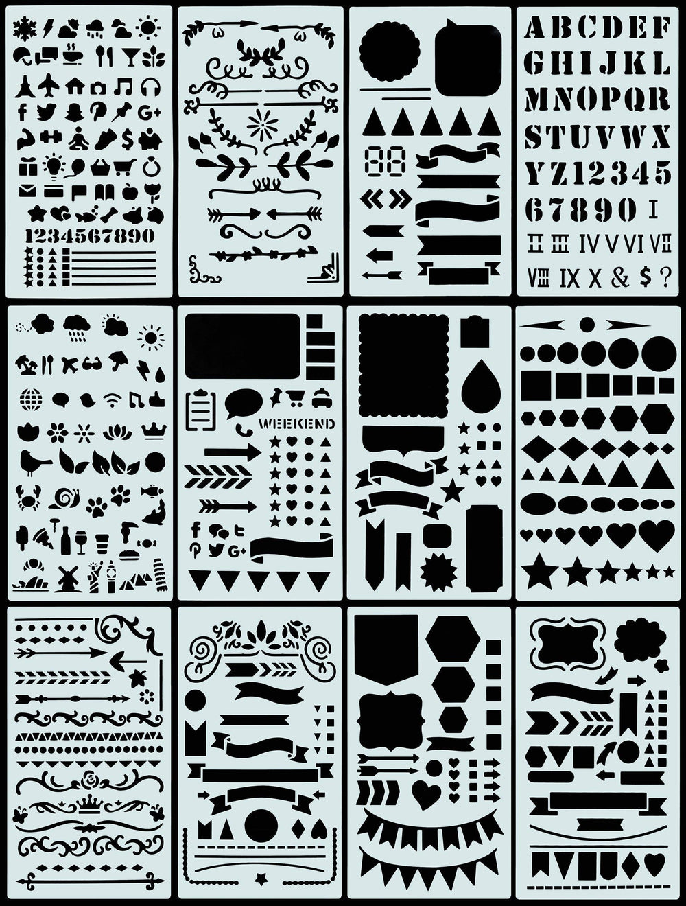 Collection of stencils with various designs.