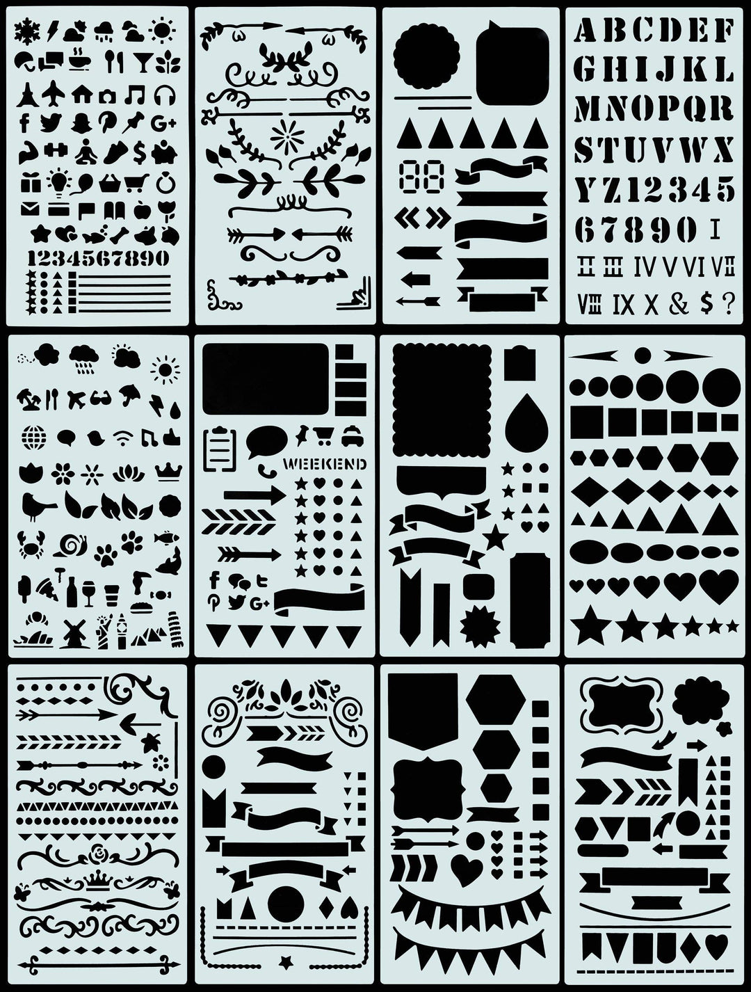 Collection of stencils with various designs.