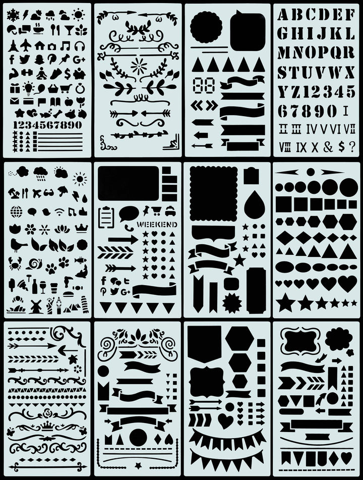 Collection of stencils with various designs.