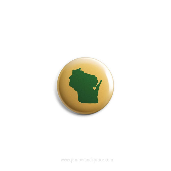 Round magnet  with green outline of Wisconsin on a yellow background.