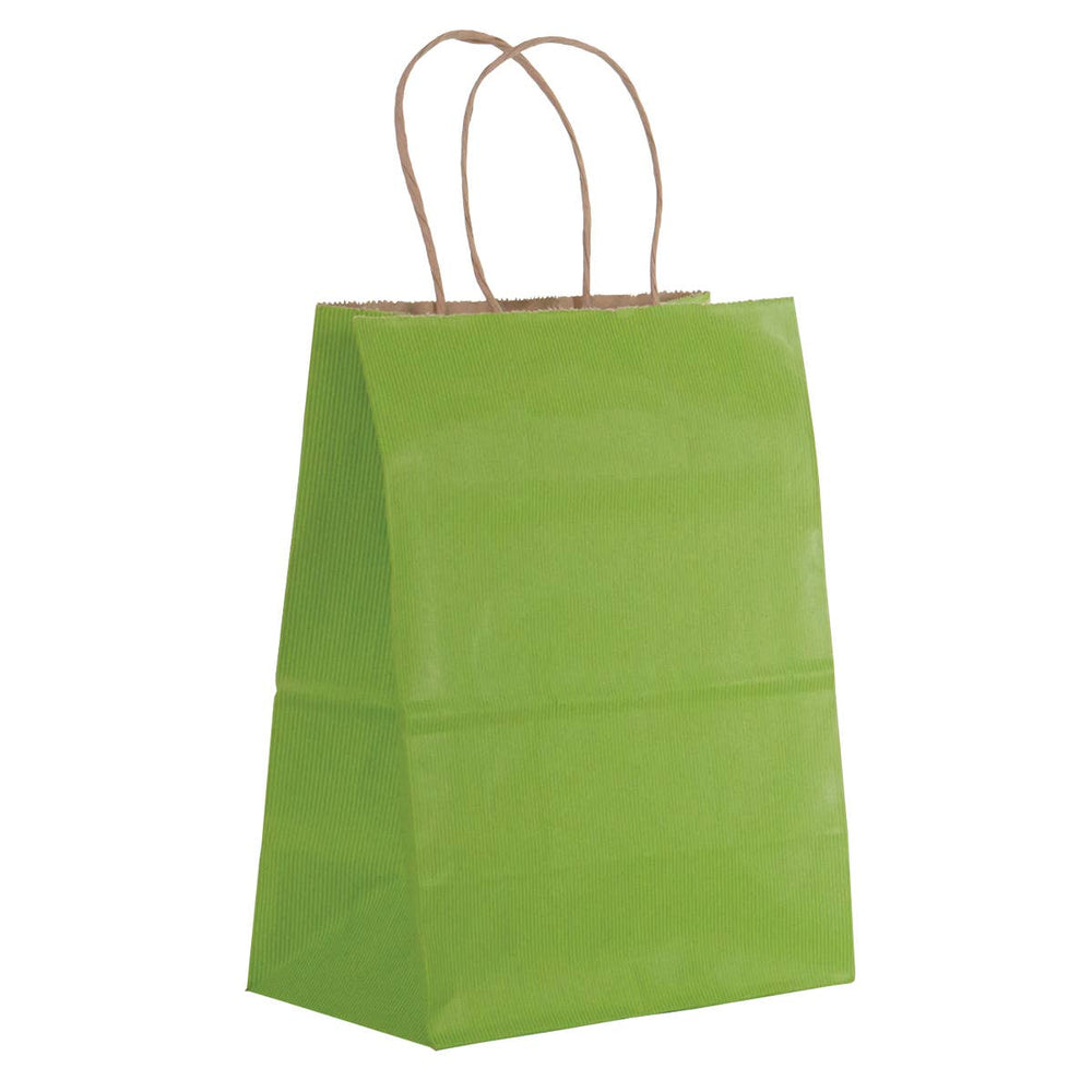 Lime green paper bag with brown interior and handles. 