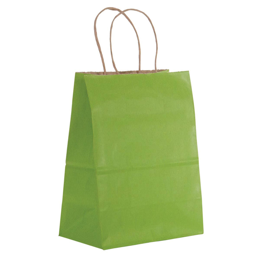 Lime green paper bag with brown interior and handles. 
