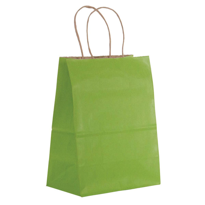 Lime green paper bag with brown interior and handles. 