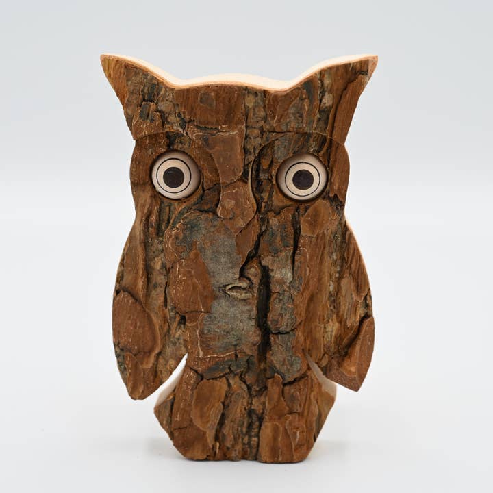 A medium-size carved wooden owl figurine with textured details and large white eyes with black pupils. The front of the owl is bark and the sides and back are smooth wood.