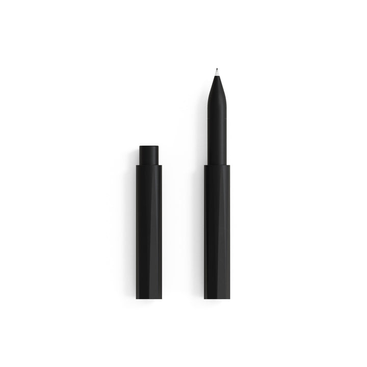 Pen with cap removed in black.