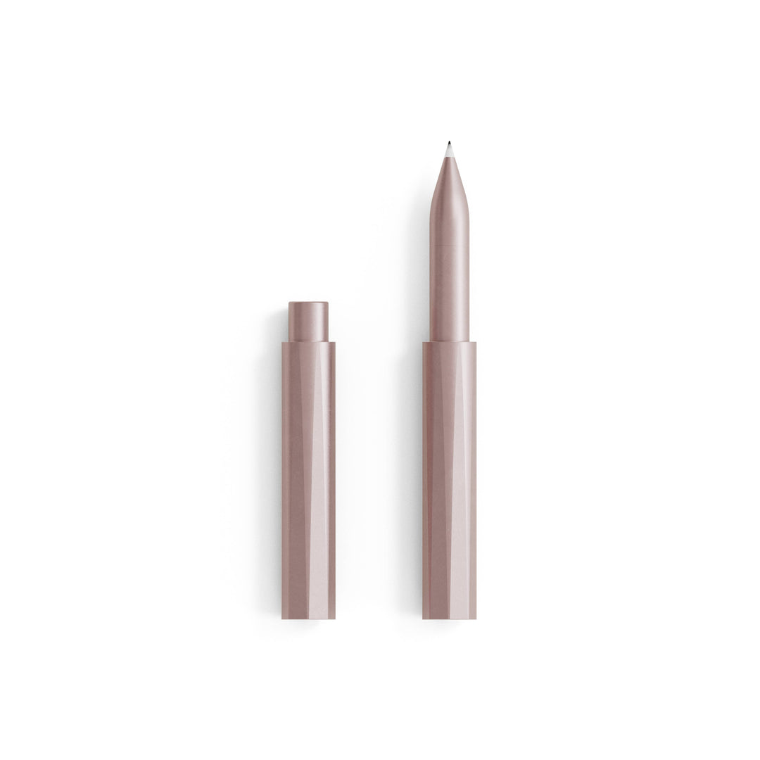 Pen with cap removed in silver.