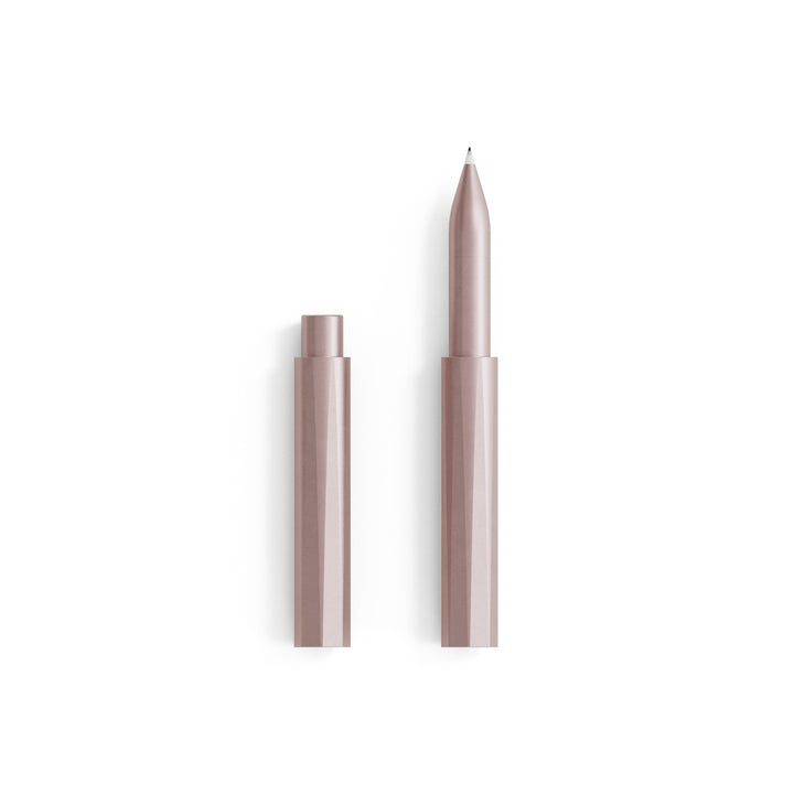 Pen with cap removed in silver.