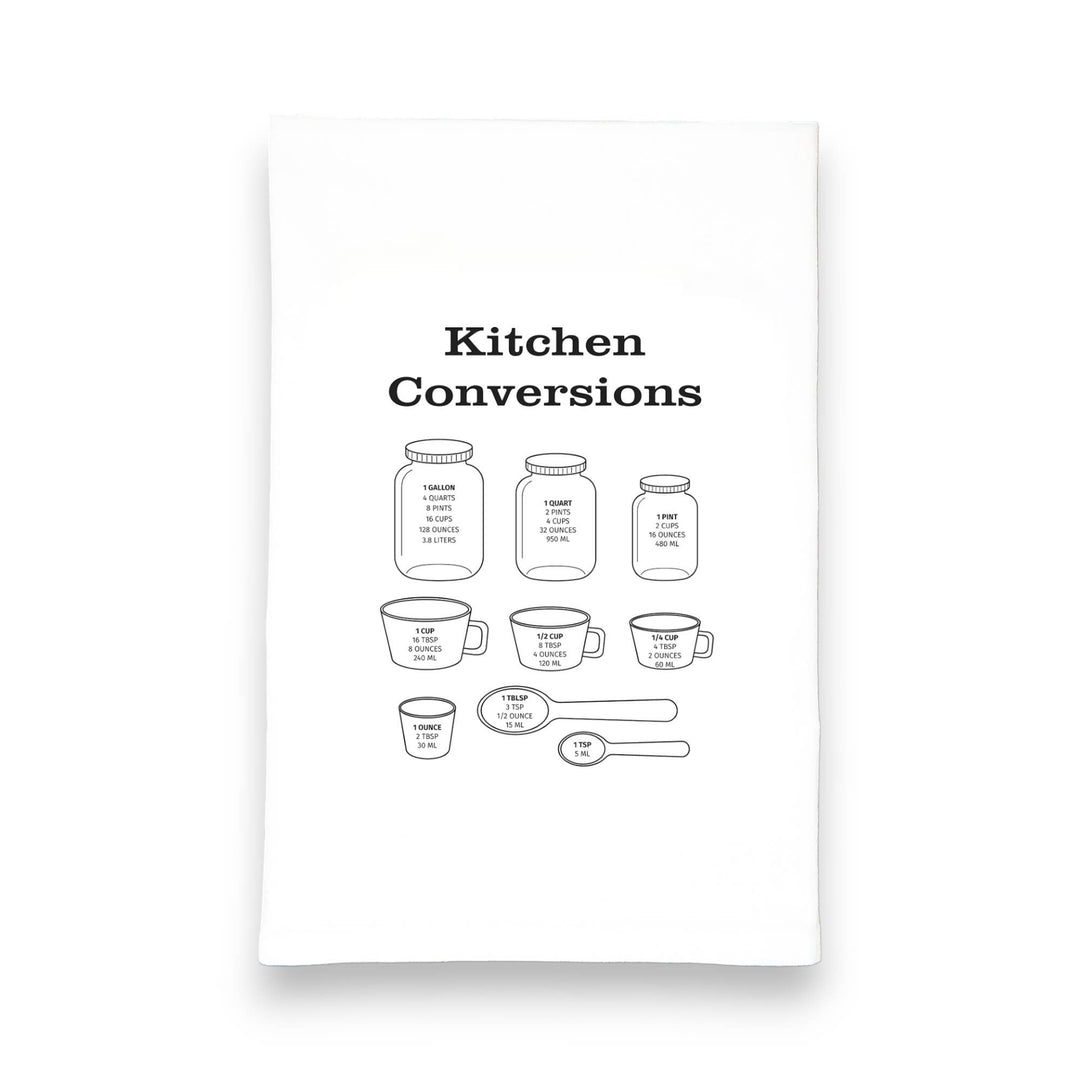 The words "Kitchen Conversions" in serif font and black ink above annotated drawings of jars and measuring cups and spoons.