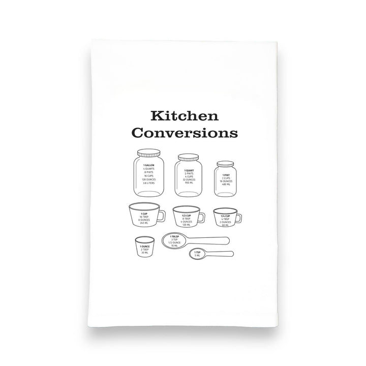 The words "Kitchen Conversions" in serif font and black ink above annotated drawings of jars and measuring cups and spoons.