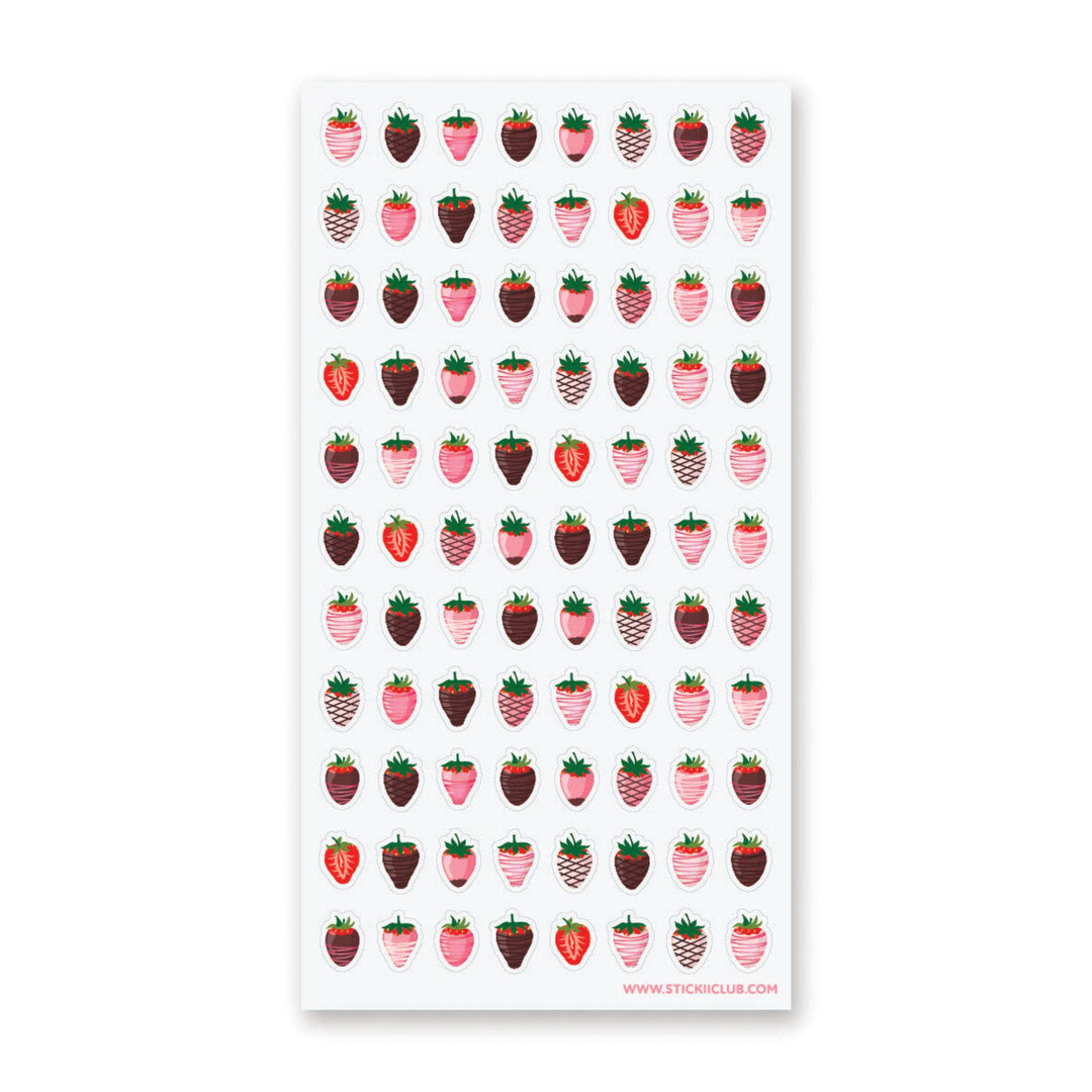 Sheet of stickers with strawberries covered in different types of chocolate. 