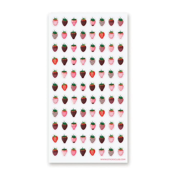 Sheet of stickers with strawberries covered in different types of chocolate. 