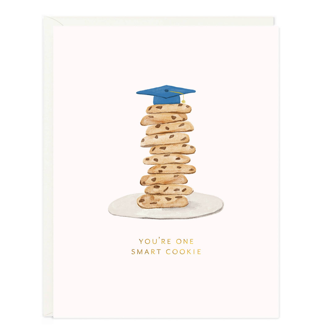 Front of card with a mortarboard atop a stack of chocolate chip cookies above the text 'you're one smart cookie.'