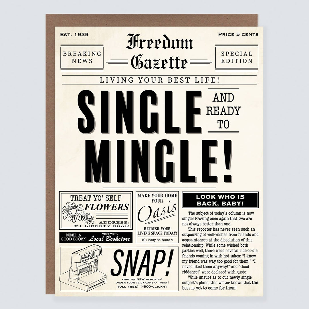 Front page of the "Freedom Gazette" with bold headline and ads and column with encouraging words. Black old-timey fonts on off-white cardstock.