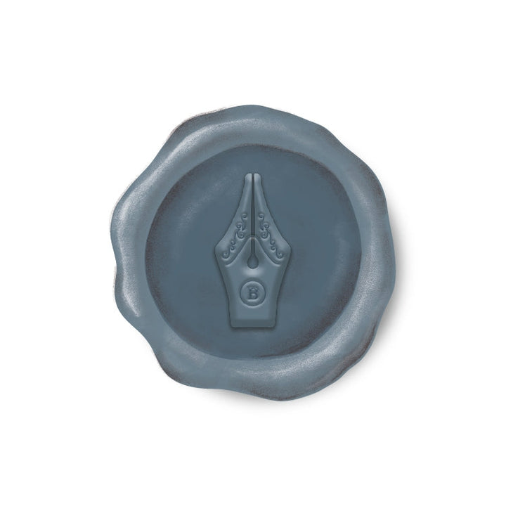 Round sticker resembling a wax seal with pen nib in blue.