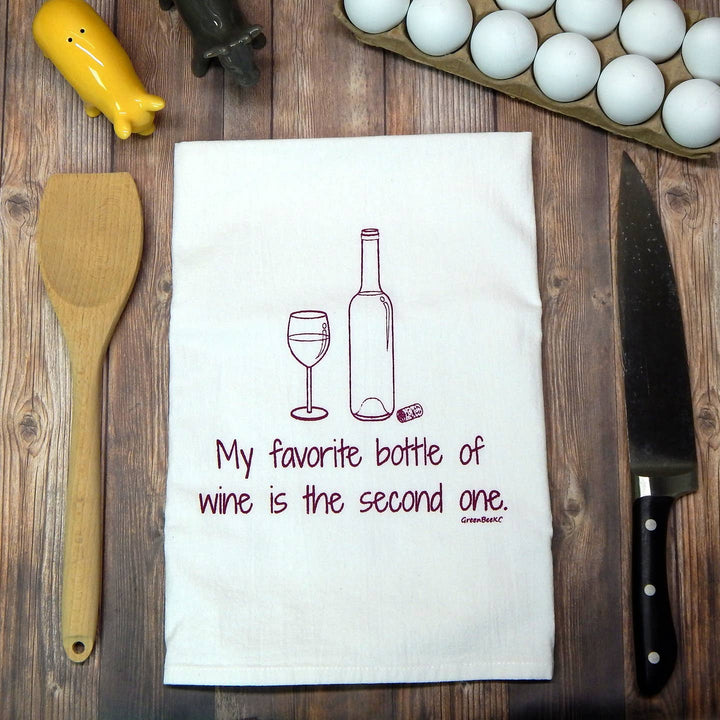 Hand drawn burgundy and white drawing of a wine bottle and glass, with cork on side, above the text "My favorite bottle of wine is the second one."