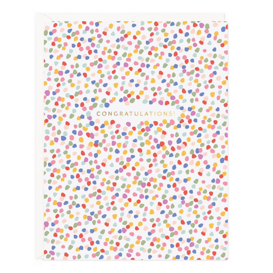 Cover of card with colorful dots surrounding the gold text ' Congratulations.'