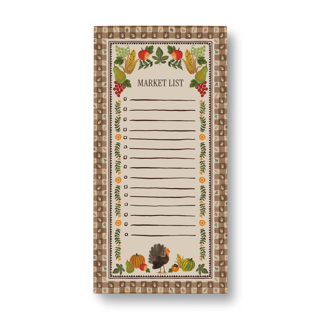 Lined notepad with an outer border of  gingham check and an inner border of various fruits and vegetables with the title 'Market List' above 15 lines with checkboxes.