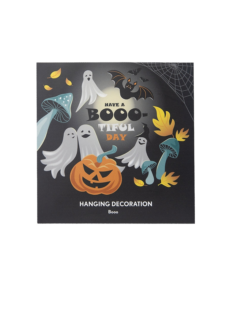 Square cardboard packaging for the metal bat cutouts with classic Halloween images on a black background and the text 'Have a Booo-tiful Day' in the center.