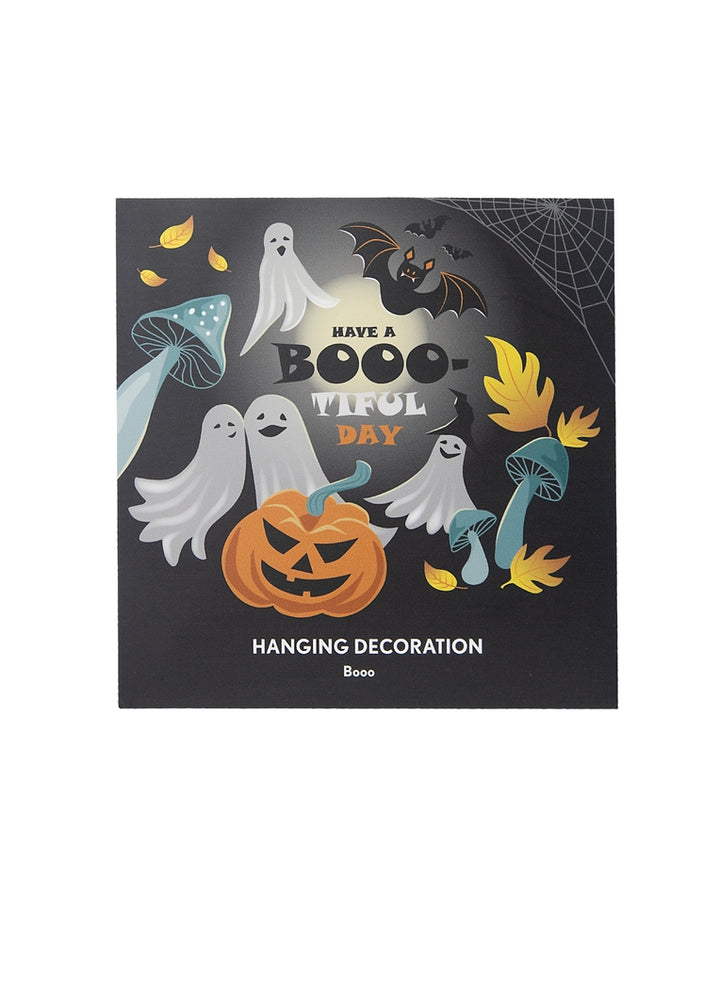 Square cardboard packaging for the metal bat cutouts with classic Halloween images on a black background and the text 'Have a Booo-tiful Day' in the center.