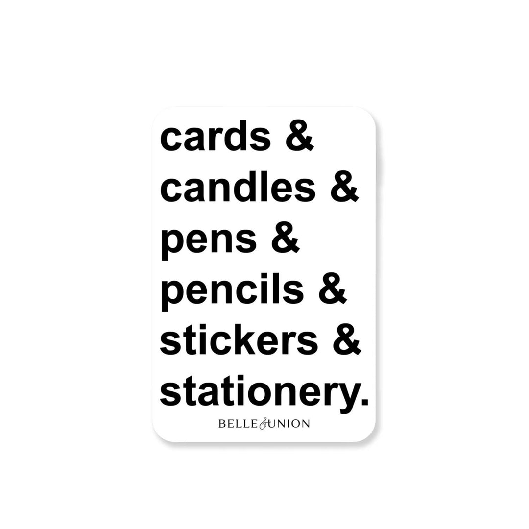 White sticker with black text listing stationery items and Belle & Union logo.