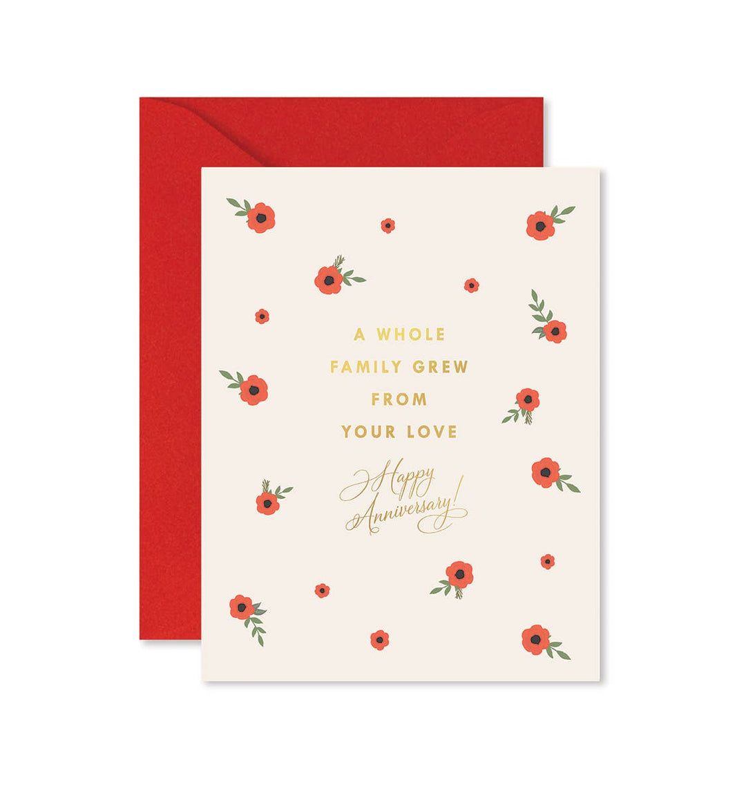 Red flowers with green leaves surround golden text on white cardstock in front of a red envelope.