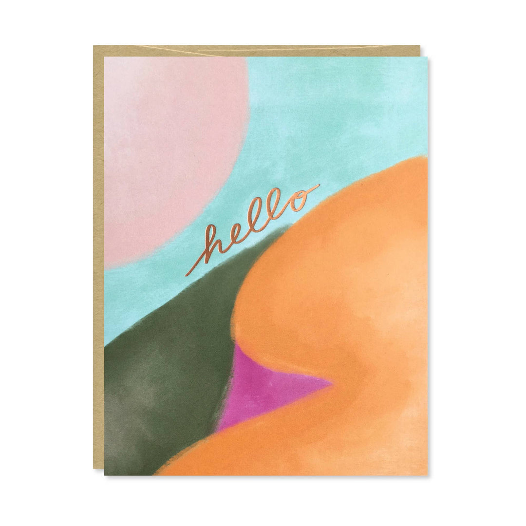 Colorful greeting card with abstract shapes and the word 'hello' in copper.