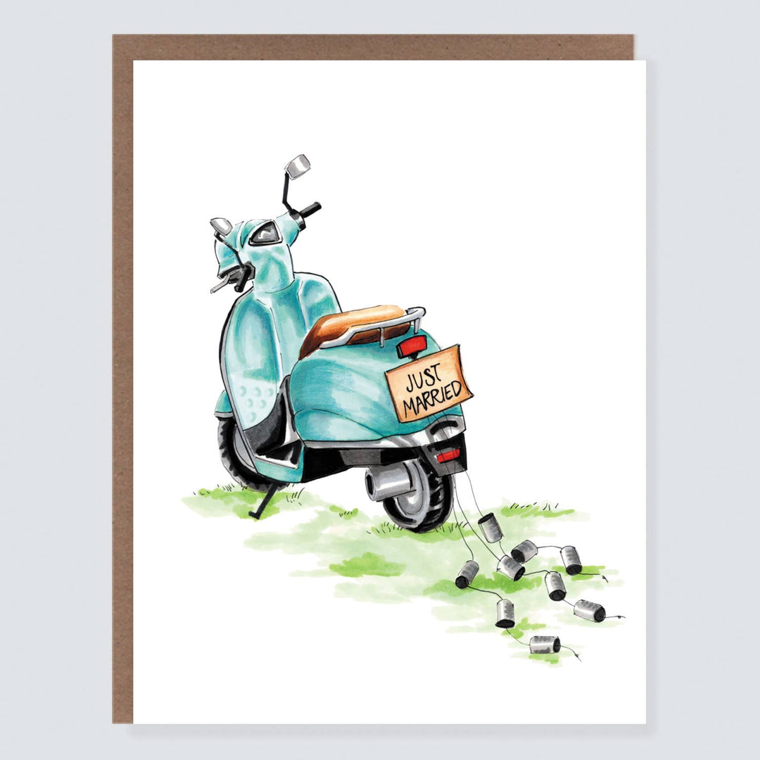 Illustration of a blue scooter with a 'Just Married' sign on a white background