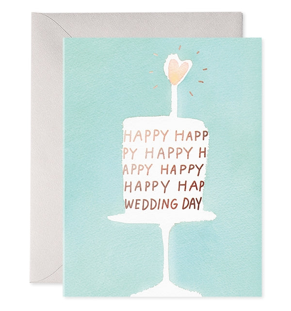 Greeting card with drawing of cake and the words happy wedding day