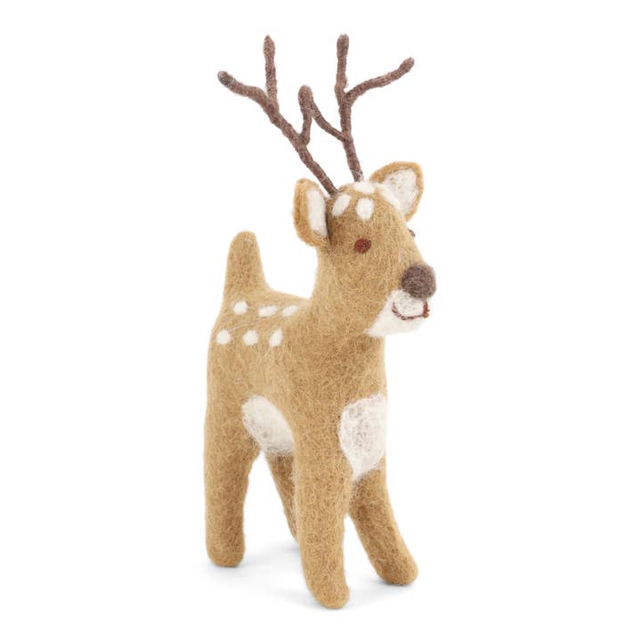 Felt brown large reindeer with with white spots and antlers.