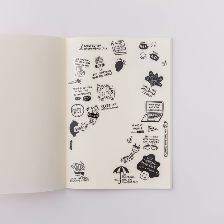 Open notebook with stickers placed on the page.