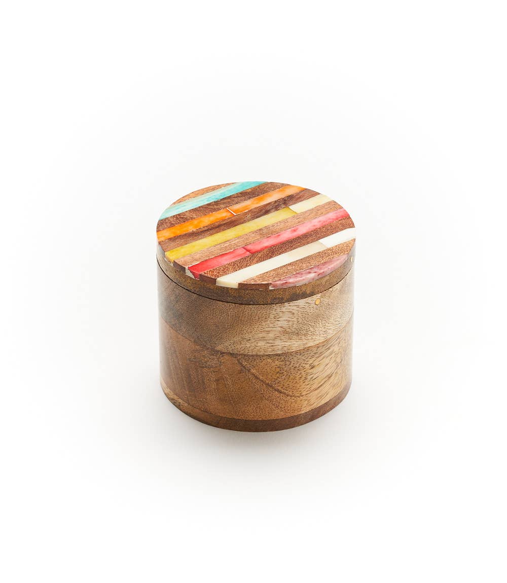 Solid mango wood bottom with removable top inlaid with bands of color.