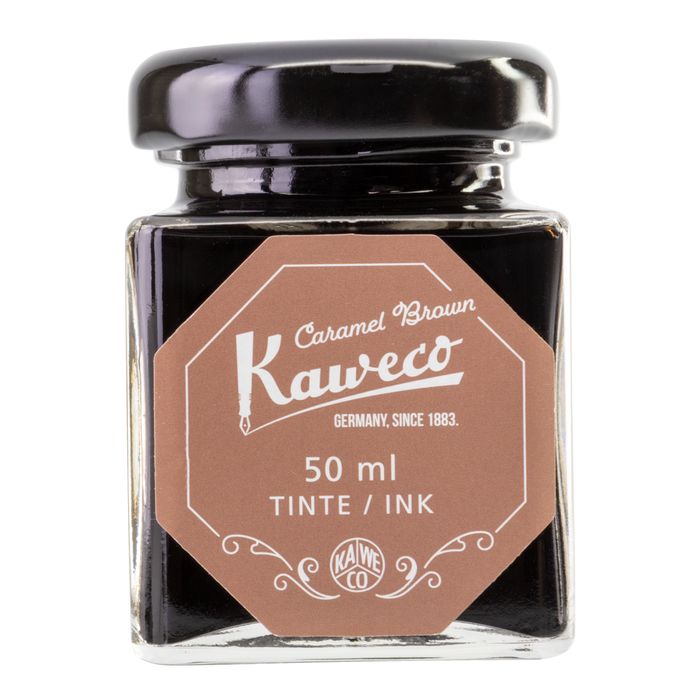 Bottle of Caramel Brown ink with black cap and white text on a light brown label.