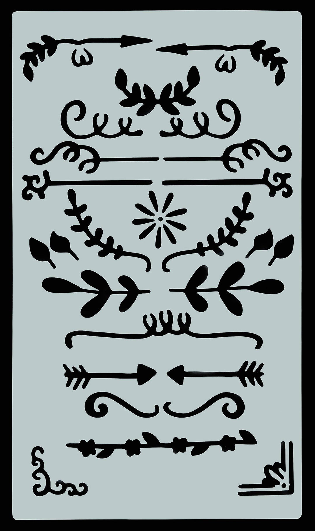 Decorative stencils with floral and arrow designs.