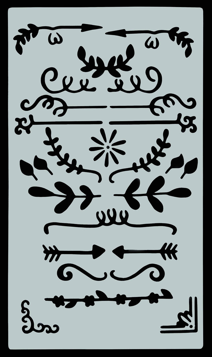 Decorative stencils with floral and arrow designs.