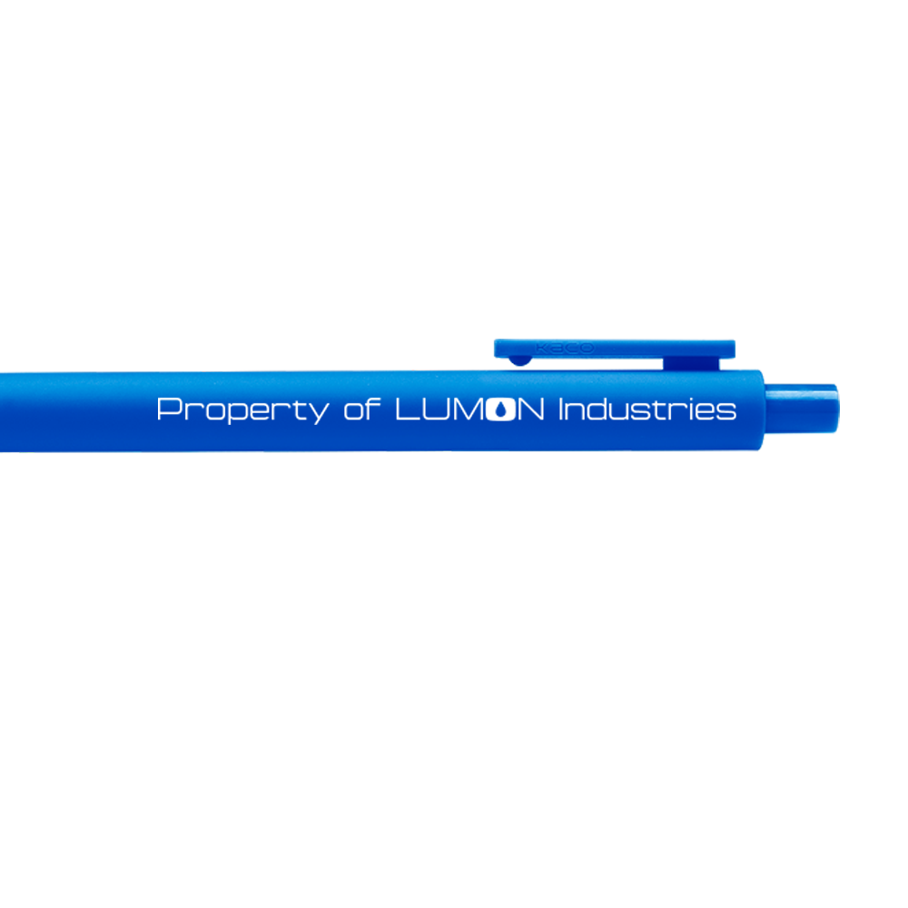 Blue pen with clip and clicker and white text.